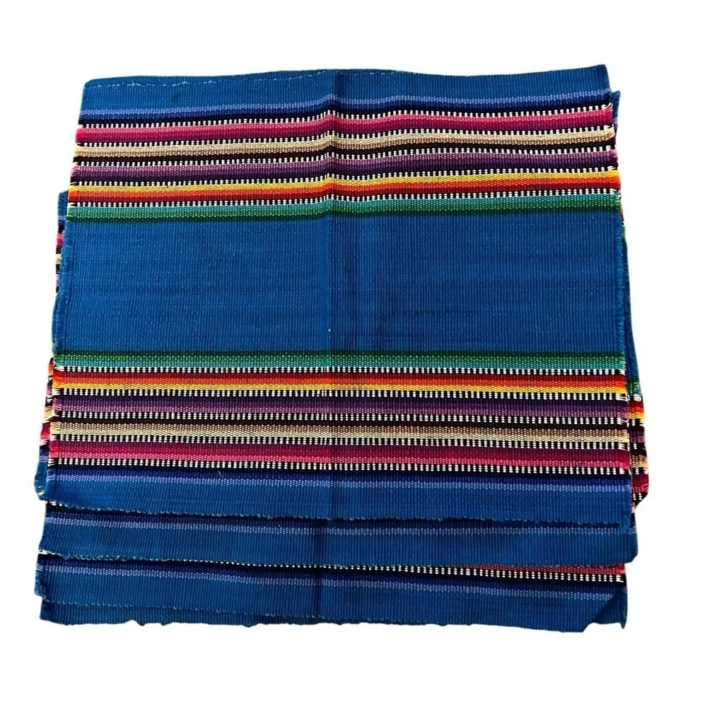 SERAPE STRIPE Set of 6 Smaller Multicolor Woven Cotton Placemats & Napkins, Blue